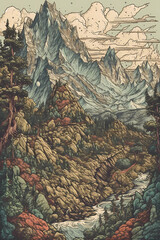 retro mountain art hand drawn digital art insanely intricate - AI Generated