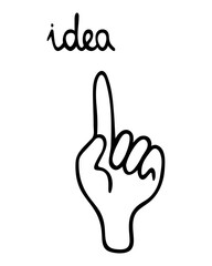 An idea came. Forefinger up. Idea and human hand. Lettering. Vector illustration. Outline on isolated background. Doodle style. Sketch. Business concept. Gesticulation with index finger. 