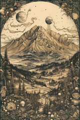 retro mountain art hand drawn digital art insanely intricate - AI Generated