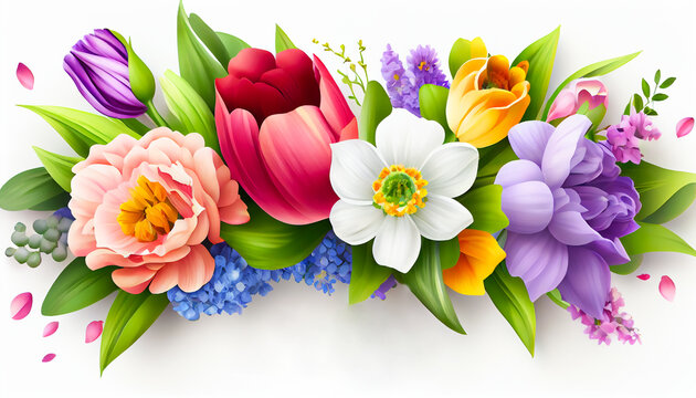 Happy Mother’s Day or Women’s Day greeting card with a bouquet of beautiful flowers on a white background and copy space for your text, generative AI