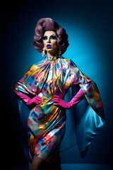 powerful, stoic, colorful drag queen on blue background, made with generative ai