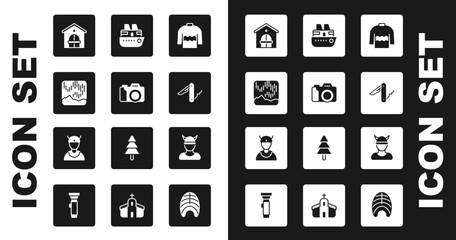 Set Sweater, Photo camera, Northern lights, Farm house, Swiss army knife, Cruise ship, Viking head and icon. Vector