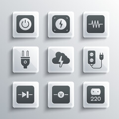 Set Voltmeter, Electrical outlet, extension, Cloud and lightning, Diode electronic circuit, plug, Power button and Resistor icon. Vector