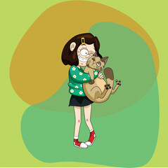 Vector illustration of a cartoon style girl hugging a displeased Siamese cat.