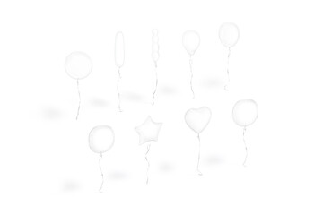 Blank white transparent balloon flying mockup, different shape, side view