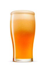 Glass of fresh orange-colored beer with cap of foam isolated on white background. Fruit beer cocktail overflowing.