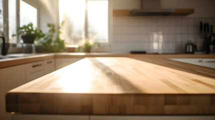 Fototapeta premium Wood table top / counter top with a blurred kitchen behind, Generative AI