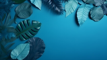 Fototapeta na wymiar Blue tropical leaves with a blue copy space background, Generative AI