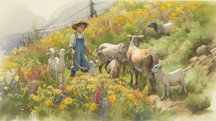 child goatherd herds his goats at grass valley with flowers Generative AI