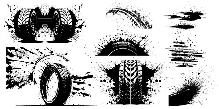 Marks and dirt. Drag racing, drift, rally, motocross, off-road and other. Car tires print, grunge off road wheels marks. Bike or truck wheel protector trails. Car tires in different angles, top, side.