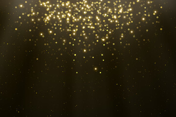 Naklejka na ściany i meble Abstract defocused lights and bokeh on dark background. Gold sparkles and glitter on black background