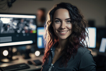 Smiling female in front of pc Generative AI - obrazy, fototapety, plakaty