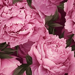 Natural flowers pink peonies with green leaves on a white background, drawing, tile. Generative AI, generative artificial intelligence