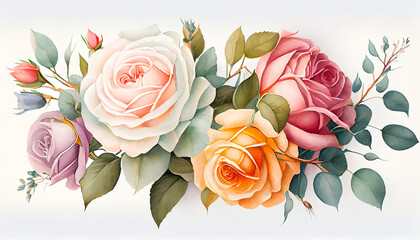 Bouquet of beautiful flowers in pastel colors on a white background, watercolor illustration, generative AI