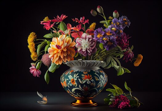Colorful Flowers in Vase. Generative AI