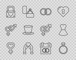 Set line Female gender symbol, Diamond engagement ring, Wedding rings, arch, Lock and heart, Cylinder hat, Calendar and Woman dress icon. Vector