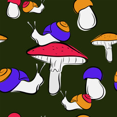 Forest seamless pattern. Snail, mushroom and toadstool. Graphic design for children with a nature theme. Prints, packaging template, textiles, bedding and wallpaper.