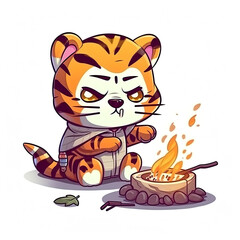 Cute tiger adventurer cooks on camp fire, cartoon chibi style, AI generative illustration