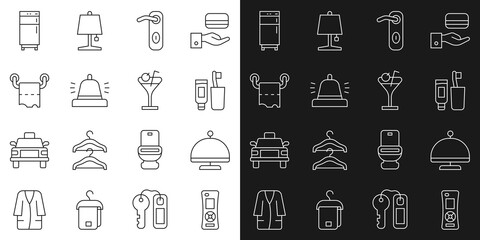 Set line Remote control, Covered with tray, Toothbrush and toothpaste, Door handle, Hotel service bell, Toilet paper roll, Refrigerator and Martini glass icon. Vector