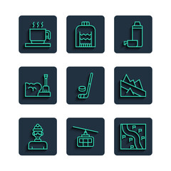 Set line Winter athlete, Cable car, Route location, Thermos container, Ice hockey stick and puck, Shovel snowdrift, Hot chocolate cup and Mountain descent icon. Vector