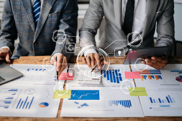 Project manager working and update tasks with milestones progress planning and Photo professional investor working new start up project.