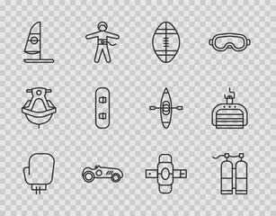 Fototapeta premium Set line Boxing glove, Aqualung, Rugby ball, Vintage sport racing car, Windsurfing, Snowboard, Knee pads and Ski lift icon. Vector