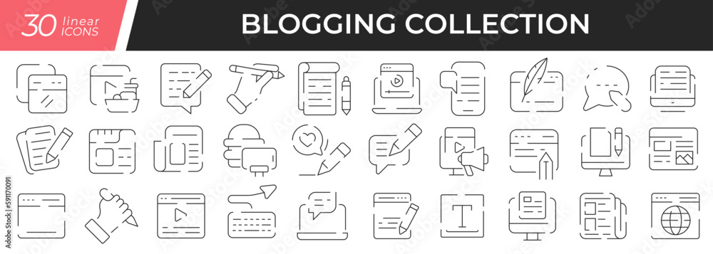 Poster blogging linear icons set. collection of 30 icons in black