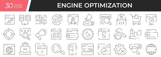 Fototapeta na wymiar Engine optimization linear icons set. Collection of 30 icons in black