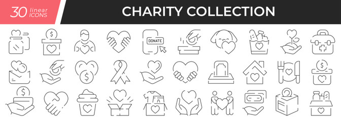Charity linear icons set. Collection of 30 icons in black