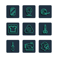 Set line Awl tool, Sewing machine, Leather, Yarn ball, chalk, pattern, thread on spool and Scissors icon. Vector