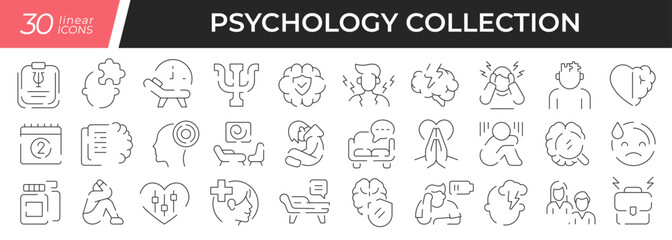 Psychology linear icons set. Collection of 30 icons in black