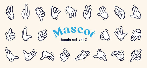 Mascot hand collection volume two. Vector set of twenty two different vintage elements. Cartoon hands of old 1920 to 1950 design style. Creator for vector mascot characters of vintage poster