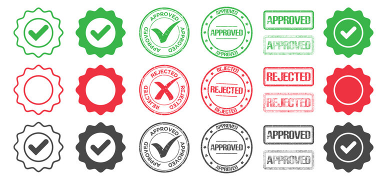 Approved and rejected stamp and medal. Green approved and red rejected icon