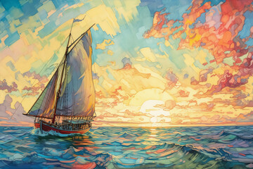 Fototapeta na wymiar Watercolored pencil and Ink a wooden Hinkley Sloop Sailboat, gliding along a vibrant sea in the Carribean Generative AI