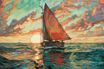 Fototapeta na wymiar Watercolored pencil and Ink a wooden Hinkley Sloop Sailboat, gliding along a vibrant sea in the Carribean Generative AI