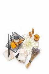 Tarot, astrology, esoteric, occult mystical ritual box gift. Self care, mental health, Palo Santo Aromatherapy, Witchcraft, mysticism and occultism, esoteric background, Tarot banner