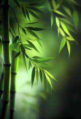 Fototapeta na wymiar Bamboo stalks with leaves on green blurred background or mobile wallpaper. Generative ai.