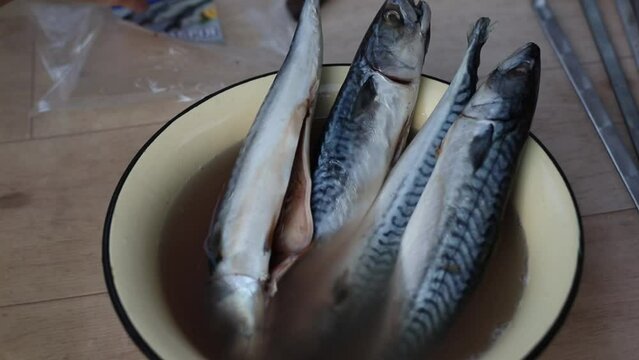 Close up hands washing and bowel raw fish