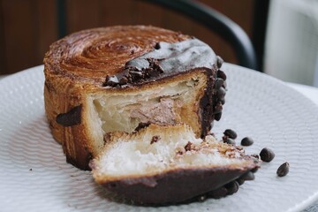 Close-up Shot of a Plate Sliced Chocolate Crombolomi