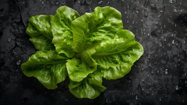 Lettuce leaves on black slate background, flat lay, top view, AI generative