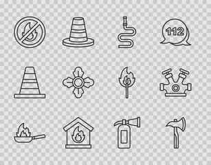 Fototapeta premium Set line Pan with fire, Firefighter axe, hose reel, in burning house, No, extinguisher and hydrant icon. Vector
