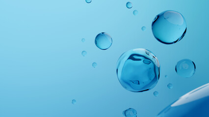 Bubble of water or hydrogen on blue background. Scientific and renewable energy concept. 3D rendering.