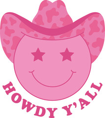 Retro pink emoji with cowgirl hat. Smiley wild west theme sticker groove style with lettering Howdy Y'all