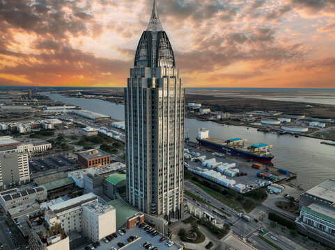 Drone photo of the RSA Battle House Tower located in Mobile, Alabama.  The tallest building in Mobile Alabama.