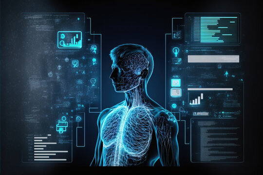 Diagnosis patient lungs functions and blood vessel, virtual dashboard on background. Medical and healthcare technology testing diagnose system illustration