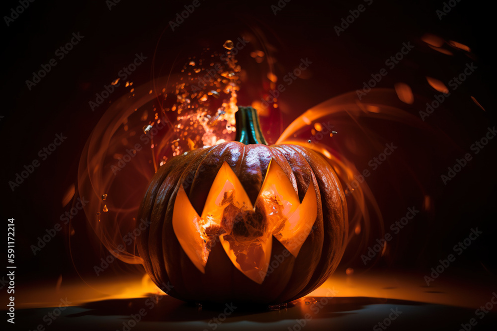 Poster halloween pumpkin exploding with light and glowing splashes and sparkles, ai generative orange illus