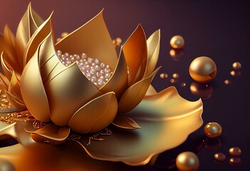 3D lotus flower and pearls golden leaf abstract background. Generative AI
