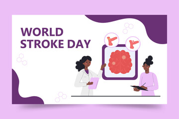 World Stroke Day banner in flat style. Social media stroke brain with illustrations by doctors