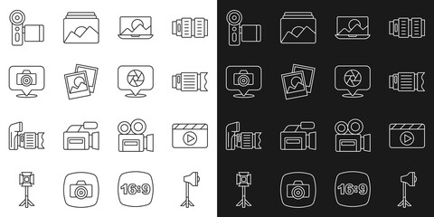 Set line Studio light bulb in softbox, Movie clapper, Camera photo lens, Photo retouching, frame, camera, Cinema and shutter icon. Vector