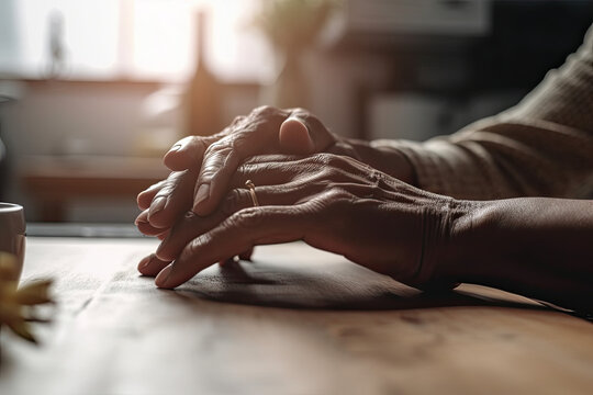 close-up of the intertwined hands of an elderly couple at home